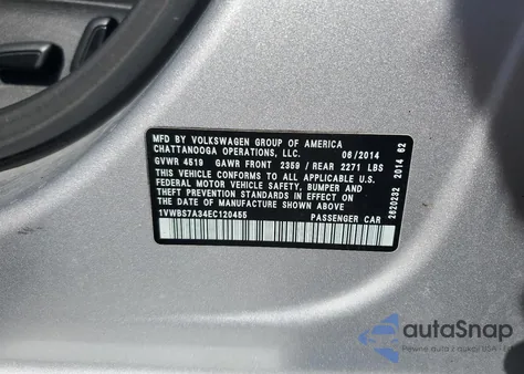 2014 Volkswagen Passat Se from USA, damaged, VIN 1VWBS7A34EC120455